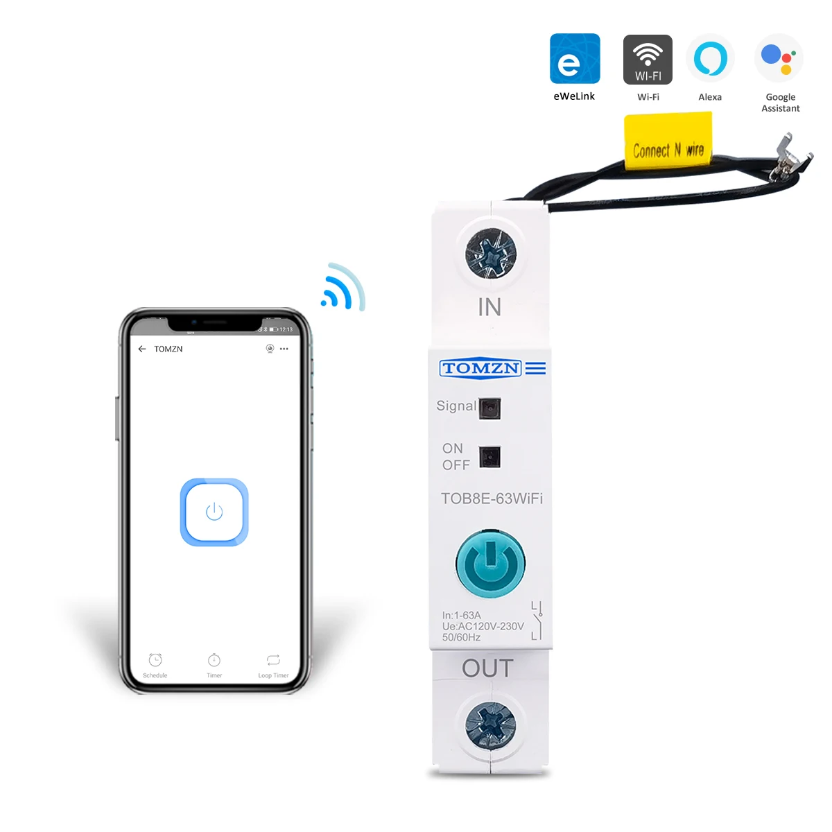 TOMZN 63A 딘 레일 WIFI 회로 차단기 스마트 스위치 Ewelink 앱으로 원격 제어 스마트 홈 18mm 63A 계량 기능 없음