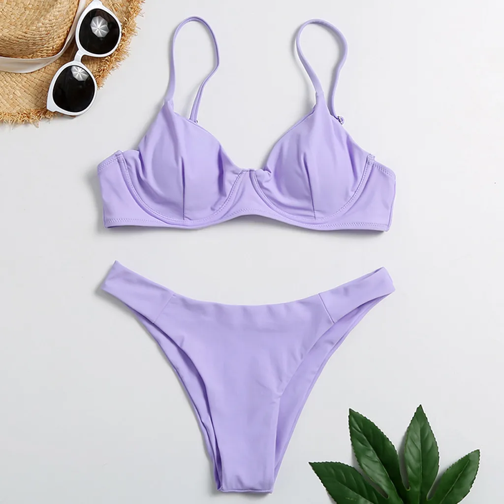 

Summer ladies solid color split swimsuit purple comfortable fresh fashion sexy swimsuit beachwear gather bikini 02*