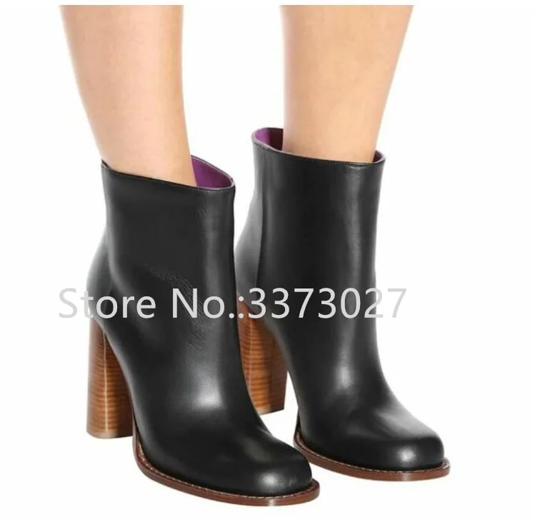 Women Winter Ankle Boots New Round Toe Thick Heel Black Leather Lady Short Boots Fashion Size 45