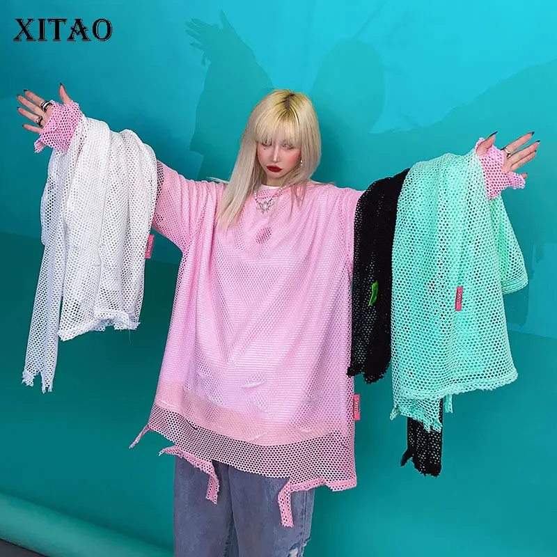 XITAO Original Sexy Cutout T Shirt Wild Loose Plus Size Broken Mesh Women Tops Streetwear Personality Clothes 2020 GCC3549 | Женская