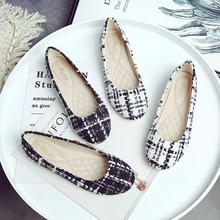 Тканевые женские мокасины в клетку с круглым носком; Низкие туфли без каблуков; тонкие туфли в Корейском стиле; размеры 34-43; неглубокие мокасины; водонепроницаемые мокасины на мягкой подошве; femme