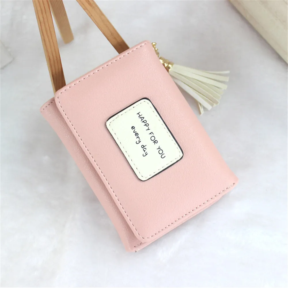 Womens Short Card Holder ID Card Case Wallet Purse Tassel Three Fold Cute Student Wallet Small Fresh for Female Girls