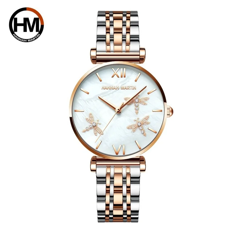 Hannah Martin Ladies Watch Japan Akoya Pearl Shell Dragonfly Luxury Diamonds Scallop Stainless Steel Watches for Women | Наручные часы