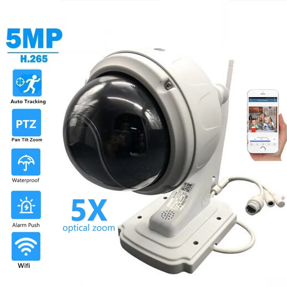 Auto Tracking Wireless PTZ Dome IP Camera Wifi Outdoor H.265 5MP 5X Zoom CCTV Security Video Network Surveillance Two Way Audio