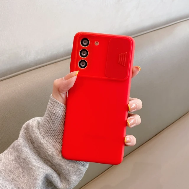 Slide Camera Lens Protector Liquid Silicone Phone Case For Samsung Galaxy S21 S20 Fe Plus Note 20 Ultra 5g S 21 Soft Back Cover red