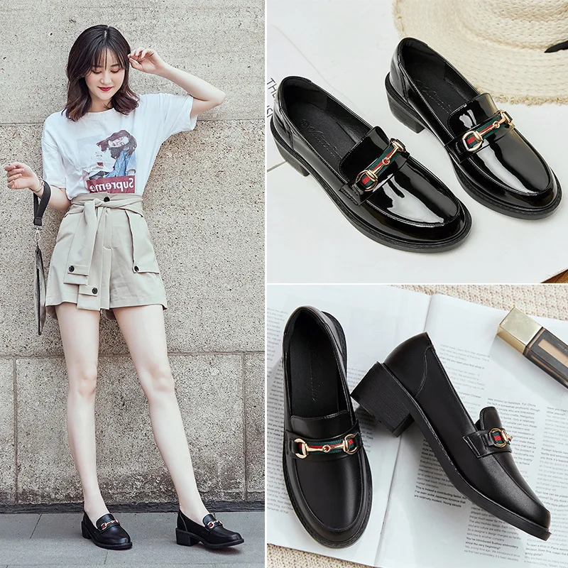 

Small Leather Shoes Women's British-Style 2019 New Style Spring And Autumn Spring Slip-on Black And White with Pattern Loafers C