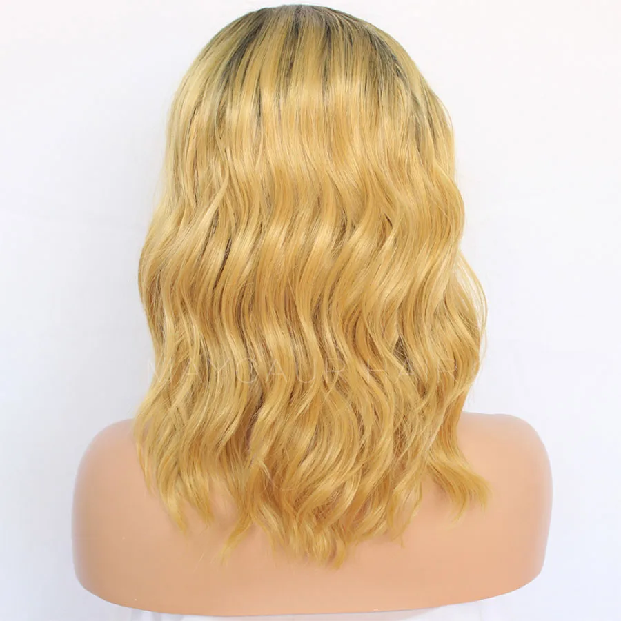 Maycaur Black Yellow Short Bob Lace Front Wigs for Black Women Synthetic Heat Resistant Soft Fiber Hair Wavy Wigs (6)