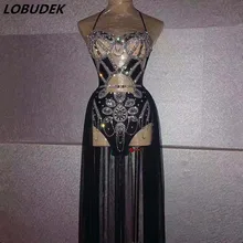 Блестящие стразы, черный полый комбинезон, юбка со шлейфом, танцевальный наряд для женщин, певица, сценический костюм, комплект из 2 предметов, одежда для ночного клуба