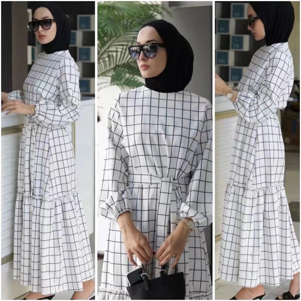 

Plaid Dubai Abaya Turkey Muslim Fashion Hijab Dress Kaftan Islam Clothing Dresses For Women Vestidos Robe Femme Musulman De Mode
