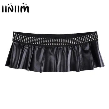 

iiniim Womens Ladies Sexy Mini Skirts Leather Pleated Side Split Embellished Studded Latex Cocktail Party Clubwear Costumes