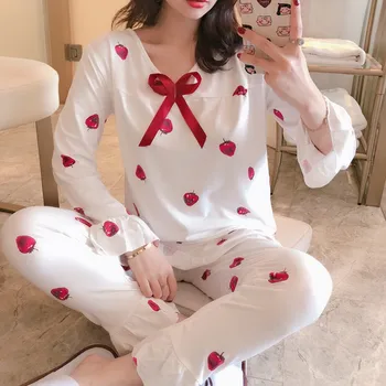 

2020 Spring Autumn Long Sleeve V-neck Print Pajama Set for Women Cute Bow Thin Sleepwear Suit Homewear Pijama Mujer Home Clothes