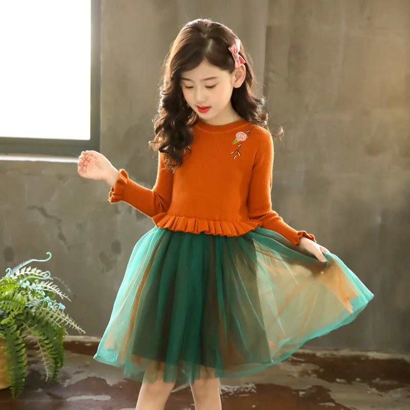 

3-11Y Autumn Warm Girls Dress Long Sleeve Ruffle Flare Dress Children Fashion Mesh Casual Dresses Clothes LZ505