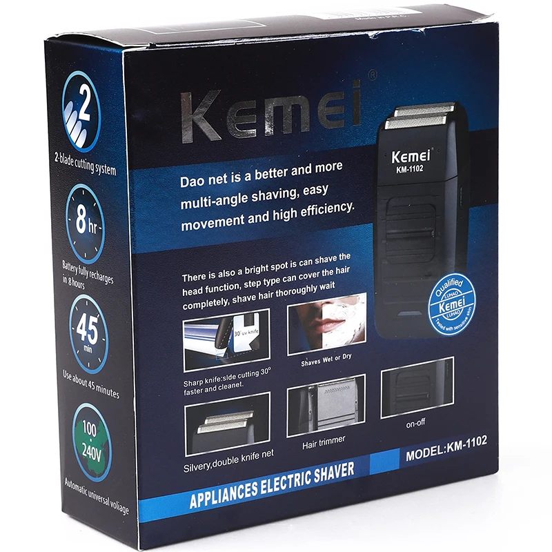 Kemei KM-1102 Аккумуляторная Беспроводная Бритва для мужчин с двумя лезвиями, возвратно-поступательная Бритва для бороды, уход за лицом, многофункциональный мощный триммер