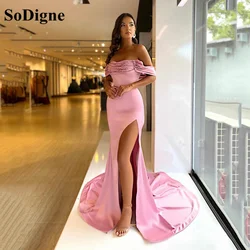 SoDigne Peach Pink Strench Satin Prom Dresses Shinny Sequin Formal Dress Women Off The Shoulder Split Mermaid Evening Night Gown