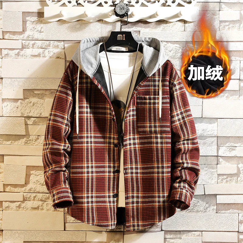 Толстая флисовая клетчатая рубашка мужская с капюшоном зимняя Толстая рубашка с длинным рукавом мужская Осенняя Корейская размера плюс Повседневная теплая куртка AA50CS - Цвет: Style 2