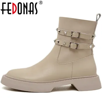 

FEDONAS 2020 Fall Winter Shoes Woman Fashion Metal Decorsation Genuine Leather Ankle Boots Female Working Thick Heels Boots Boot
