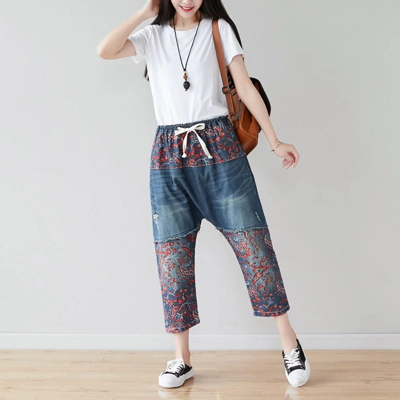 Max LuLu Summer Design 2021 Japan Style Jeans Women Printed Patchwork Denim Trousers Ladies Casual Ripped Harem Pants Big Size