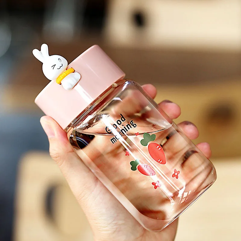

340ml Glass Water Bottle Cylindrical Water Cup With Lid Creative Rabbit Frosted Water Cup Suitable For Girls/Students/Adults