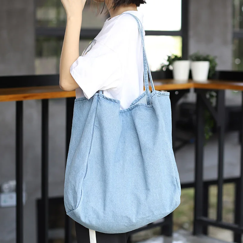 Vintage Denim Shoulder Bag Women Canvas Tote Bag Fashion Reusable Grocery Shopping Bags Canvas Eco Shopper Shoulder Bags