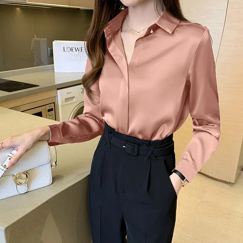 Silk Shirts Women Long Sleeve Shirts Blouses for Women Satin Clothing Shirt Office Lady Solid Silk Shirt Blouse 2022 Fashion Top Pink
