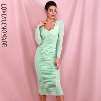 

LOVE&LEMONADE Sexy Square Collar Light Green Elastic Mesh Slim Long Sleeve Over-The-Knee Party Dress (With Lining) LM81941-1
