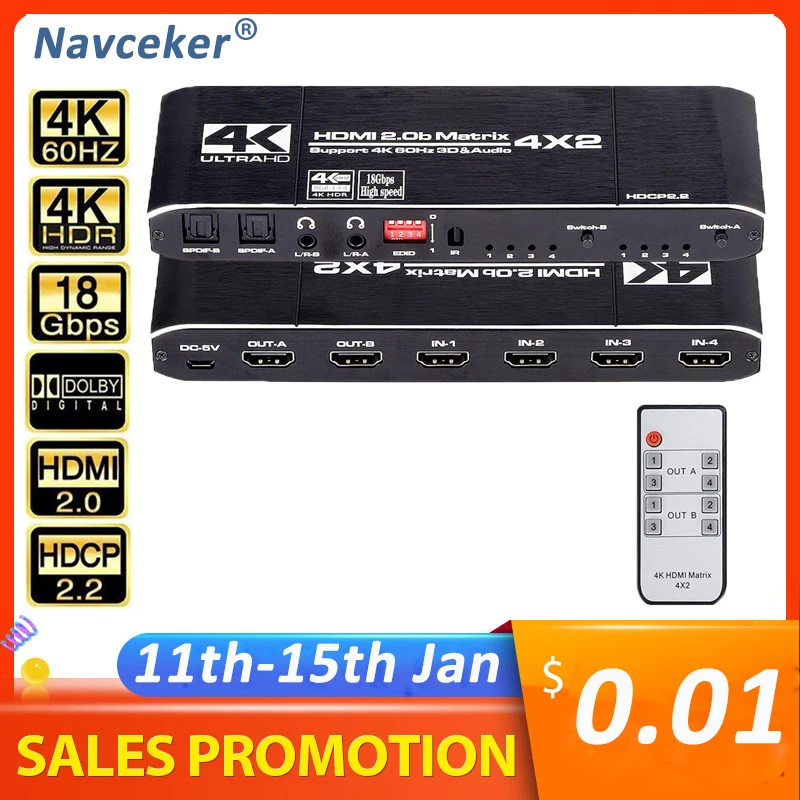 HDMI матрица Navceker 18 5 Гбит/с 4x2 4K @ 60 Гц переключатель сплиттер с SPDIF и L/R 3 мм HDR поддержка HDCP 2 3D|Кабели HDMI| |
