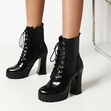 

Sexy Mid-Calf Boots With Cross Straps And Ultra-High Thick Heels For Street Women Waterproof Platform Side Zipper Lace Up Boots
