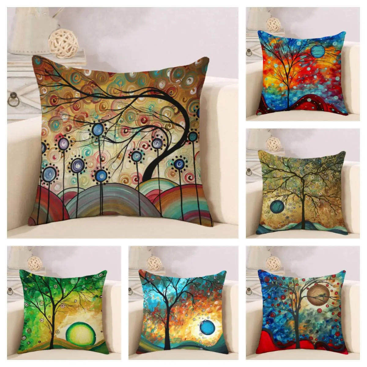 화려한 배경 꿈 태양 나무 린 넨 베갯잇 소파 쿠션 커버 홈 장식 당신을 위해 사용자 정의 할 수 있습니다 40x40 50x50 