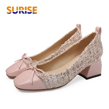 

Sweet Bowtie Women Pumps 5.5cm High Hoof Heel Square Toe Black Pink PU Fabric Patchwork Causal Party Office Ladies Slip-on Shoes