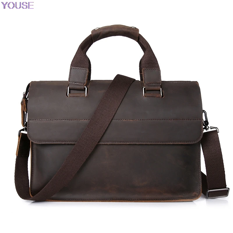 

Horse Leather Retro Briefcase Men's Bag Full-grain Leather Messenger Bag Casual Crossbody Bag 0237