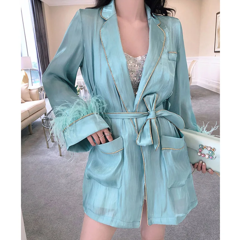

Luxurious Light Green Feather Dress Women Elegant Long Sleeve Turn-down Collar Shirt Mini Women Dress Sexy Lace Up Blazer Dress