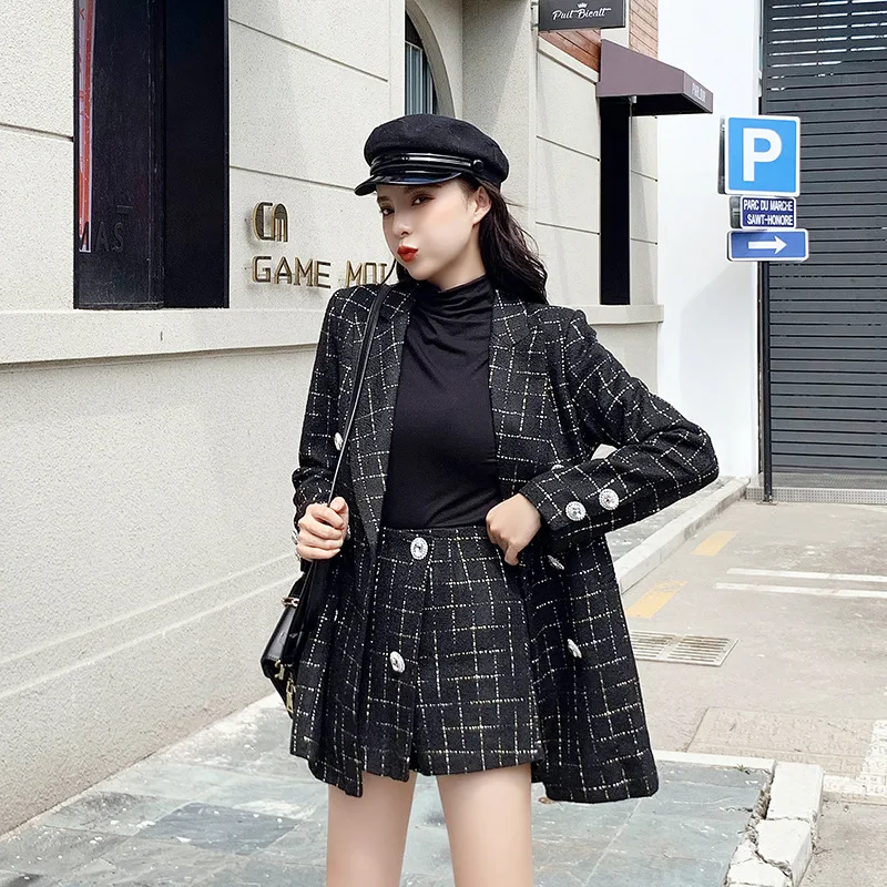 

2019 Autumn And Winter New Style Two-Piece Set Korean-style Elegant Plaid Small Suit Coat Shorts Fashion Graceful WOMEN'S Suit