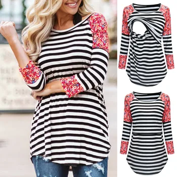 

Women Pregnant Nusring Maternity Long Sleeve Tops Printed Splicing Stripe Blouse(Black )