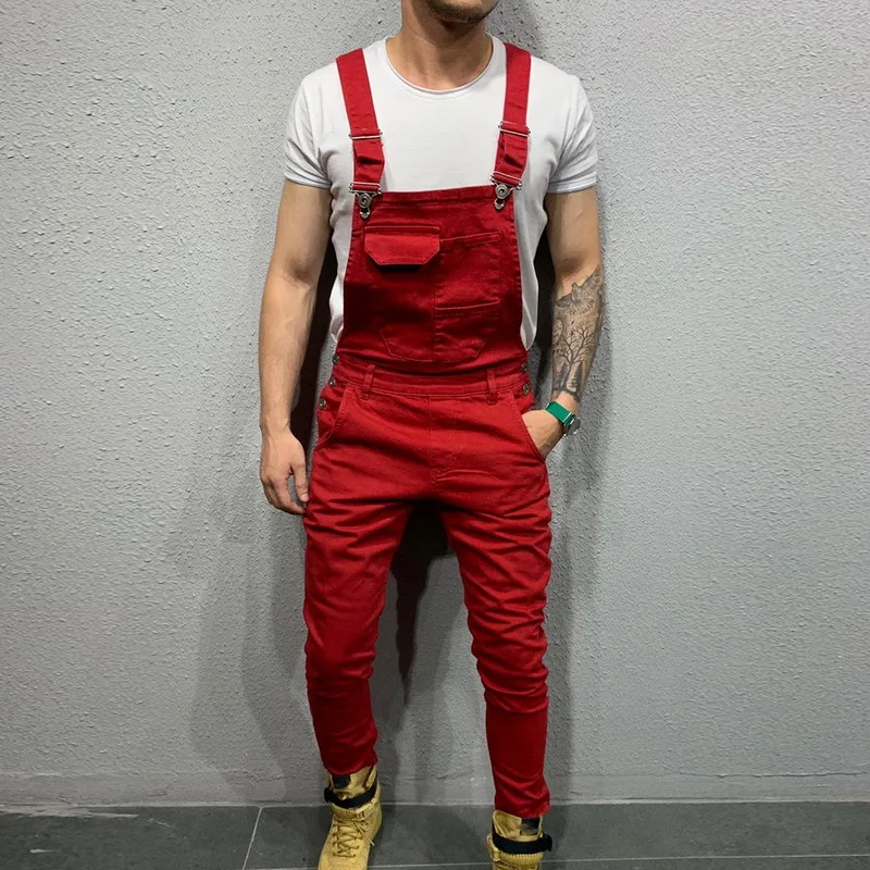 

High Street Pockets Jeans Mens Distressed Jeans Pant Fashion Slim Fit Denim Jumpsuits Modish Strap Overalls Casual Suspender