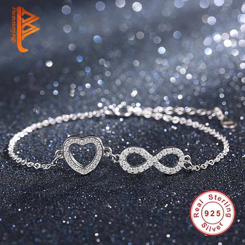 

Authentic 925 Sterling Silver Infinity bracelet Austrian Rhinestone Heart charm chain bracelet for Women Wedding Jewelry Gift