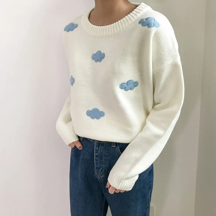 Весна свободные облака синий милый свитер женский пуловер Повседневный ONeck длинный рукав розовый вязаный свитер Корейская женская зимняя одежда