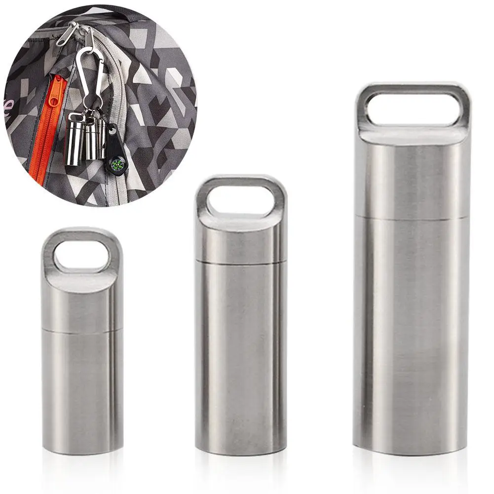

Outdoor EDC Survival Pill Box Container Mini Stainless Steel Waterproof Capsule Seal Bottle Capsule Box Case Water Bottle Buckle