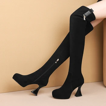 

INS HOT Women over-the-knee Boots Sheep suede upper Classic zipper womens long boots shoes woman Super high heel platform boots