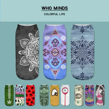 

3pcs/Lot Ethnic Blue Woman Print Sock Cute Floral Socks Women Harajuku Art Socks Funny Cotton Kawaii Ankle Happy Socks White