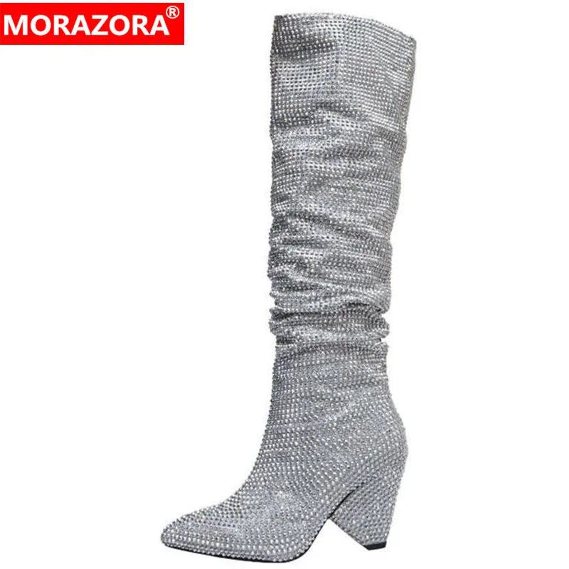 

MORAZORA 2020 new fashion style women knee high boots crystal pointed toe high heels shoes bling autumn party prom shoes woman