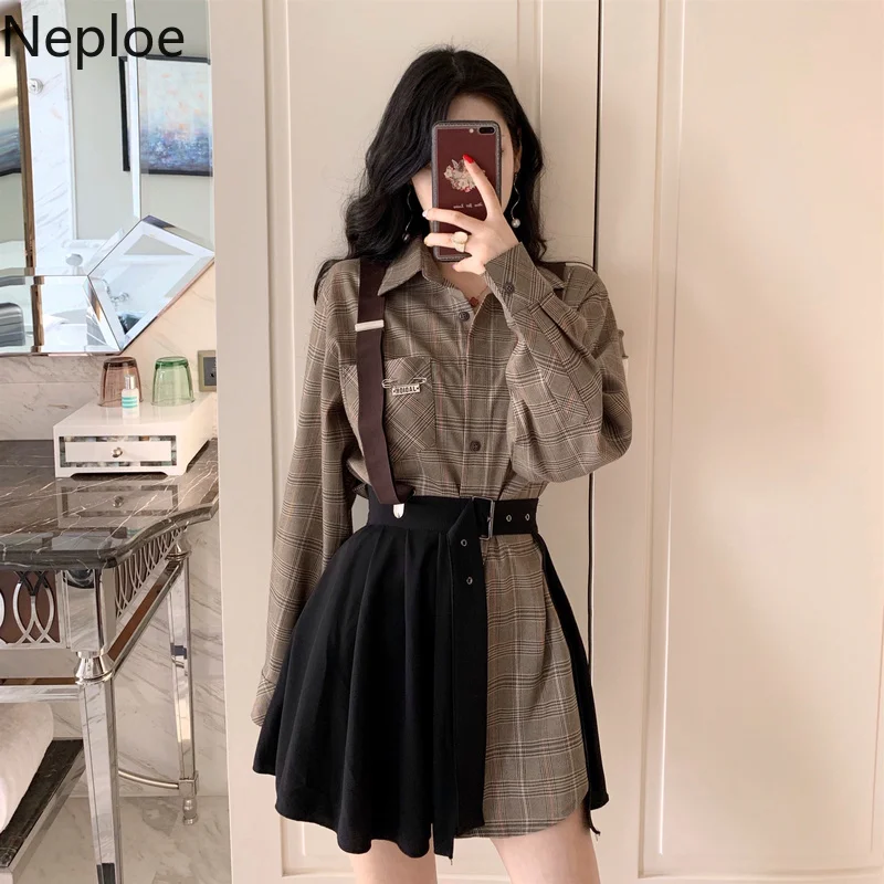 

Neploe Loose Plus Size Women Sets Vintage Plaid Maxi Strap Shirt + High Waist Pleat Black Skirt Autumn Conjuntos De Mujer 46127