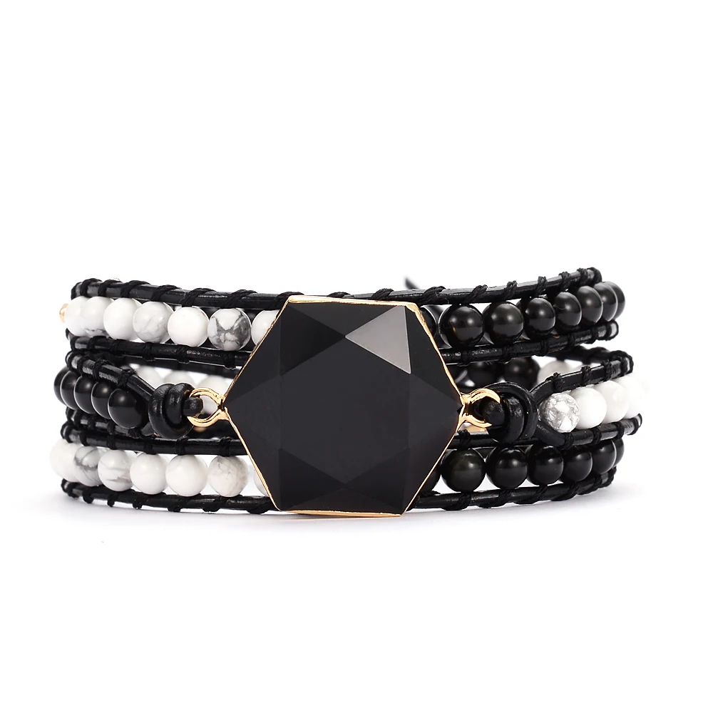 

6 Angles Star Obsidian Howlite Stones Handmade Wrap Bracelets Men Women Energy Jewelry Rope Chain Dropship Bracelet 3 Closures