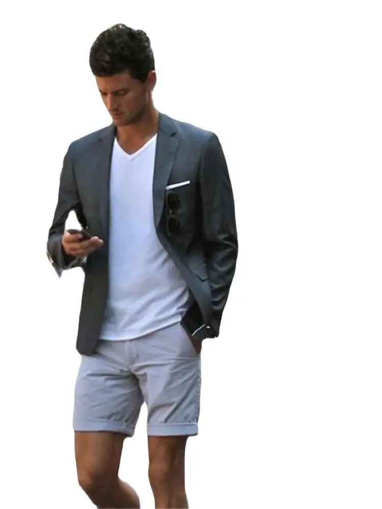 

Custom Made Summer Beach Dark Grey Coat With Short Pants Groom Tuxedo Wedding Blazer 2pieces Party Wear Clothing Coat+Pants+Tie