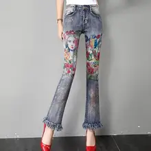 Европейский стиль 3D Цветы Узор окрашенные женские джинсовые брюки женские стрейч обтягивающие расклешенные джинсы q437