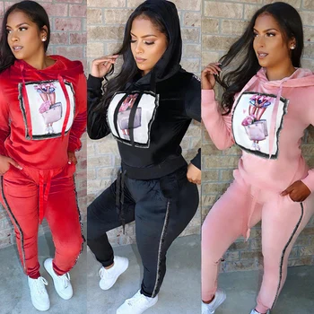 

TWO PIECE SET Velvet Women Velour Tracksuit Hoodies Jogger Pants Patchwork Sweat Suits Pattern Sweatsuit Street Warm Winter 2 pc