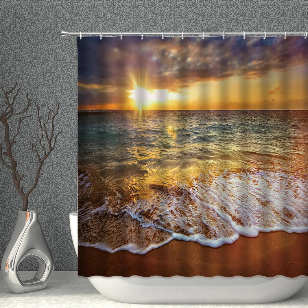 

Занавеска для душа с Естественным ландшафтом, водонепроницаемая Полиэстеровая ткань с крючками для украшения дома, здания, заката, леса, океана