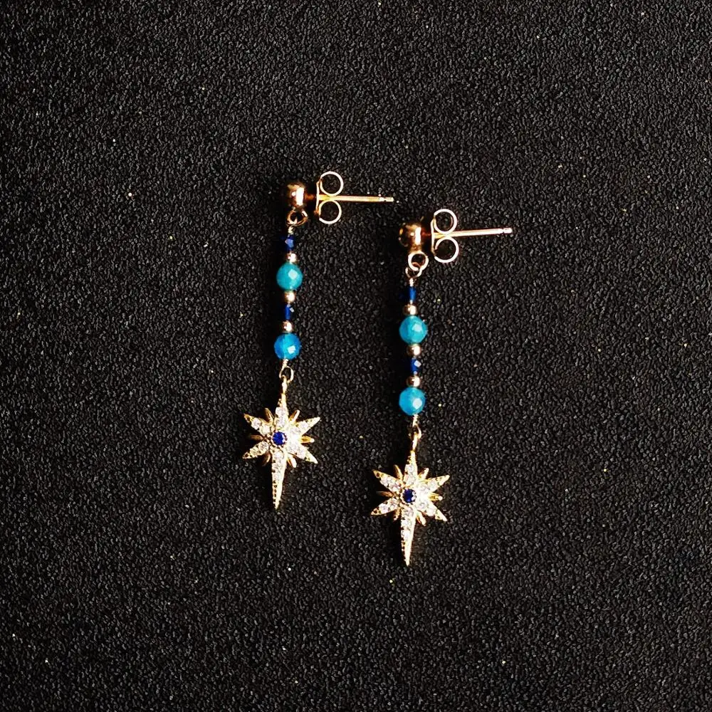 

LiiJi Unique Vintage Stud Earrings Blue Apatites Lab-created Sapphires Earrings 925 Sterling Silver Gold Color Zircon Star