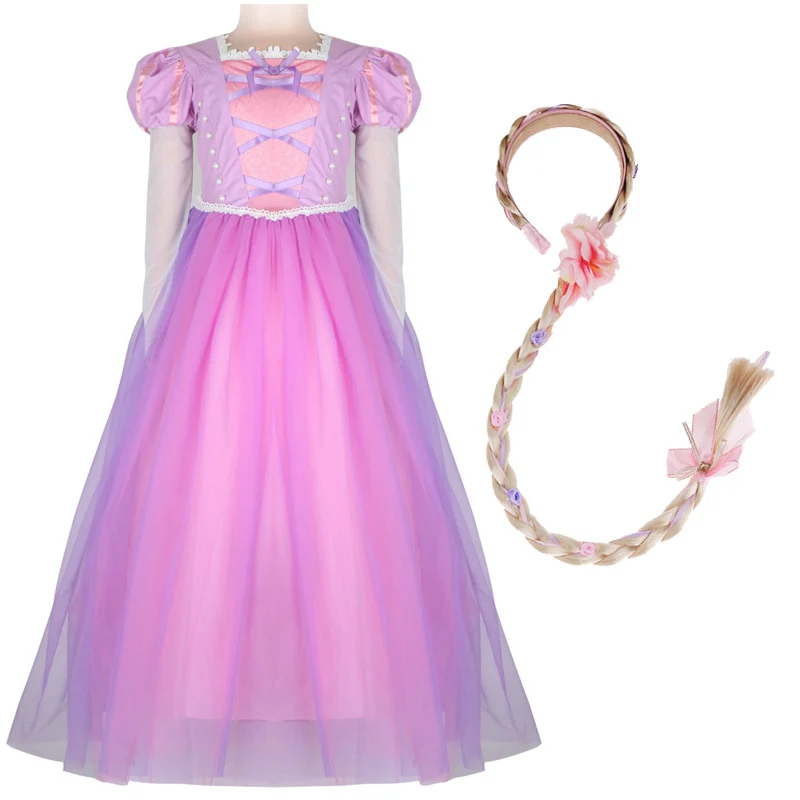 Dress and W02 Платье принцессы для девочек в стиле Рапунцель детский шифоновый костюм с длинными рукавами детское платье для костюмированной вечеринки с париком на день рождения - Цвет: Dress and W02