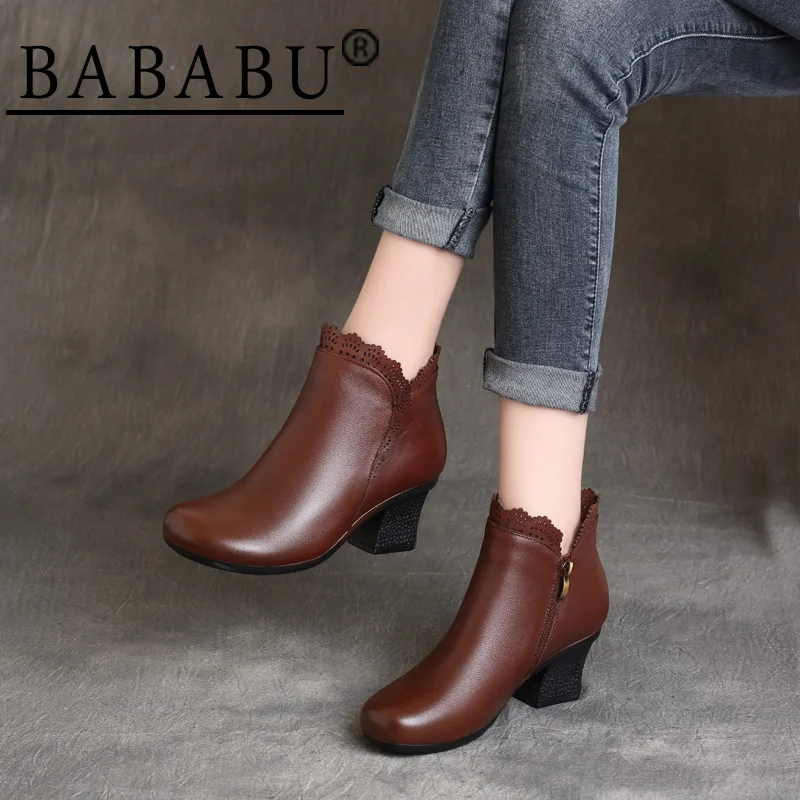 

2019 autumn and winter new national style retro leather waterproof platform thick with soft boots with heel boots