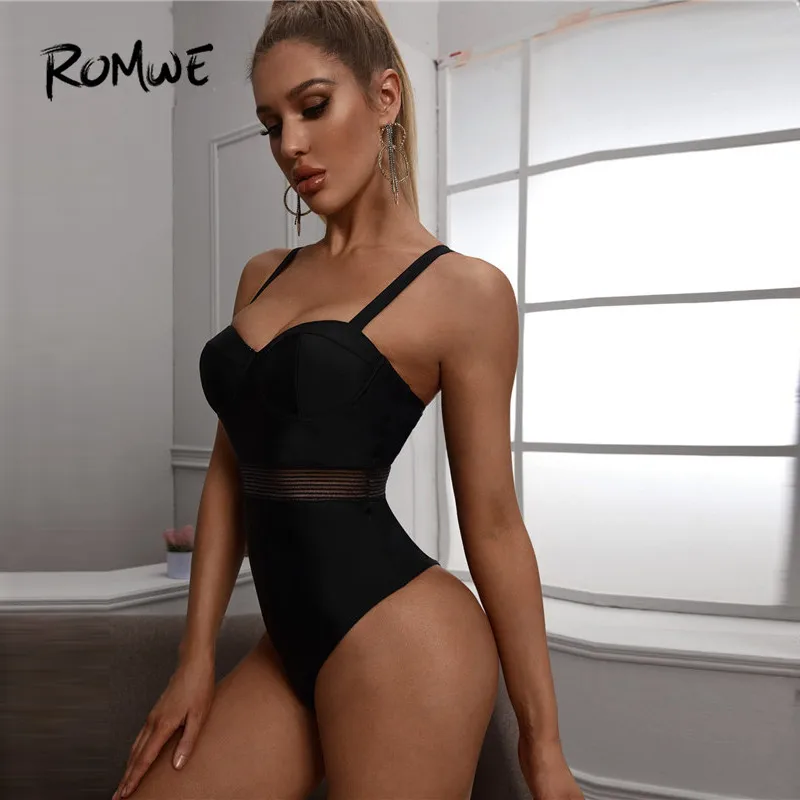 Romwe Sporty Contrast Mesh Underwire One Piece Swimsuit Women Solid Push Up Swimsuit 2020 Ladies Black Monokini Swimwear